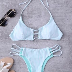 Reversible mint green and zebra striped bikini